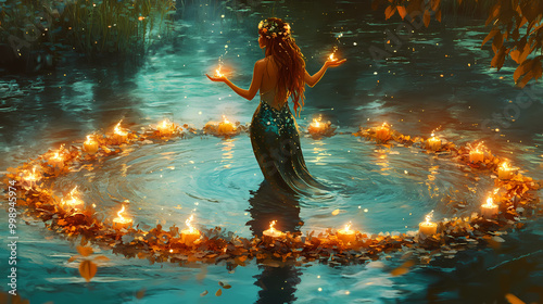 Fantasy girl mermaid nymph stands in water herbal wreath floa candles burning,holiday ivan kupala, generative ai tools. Nymph. Illustration