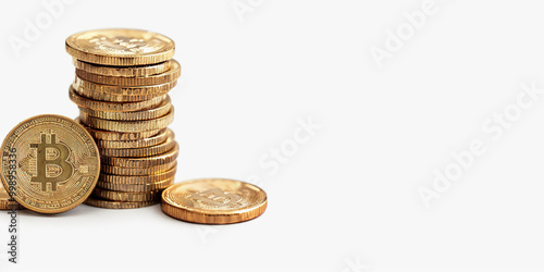 Bitcoin crypto token coins stacked on a white background. Investing success, physical currency blockchain, cryptocurrency, value, rising market