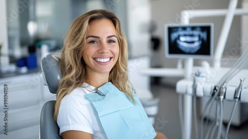 A woman sits smiling in a dental chair with a protective bib while a digital X-ray monitor is visible in the background, representing modern dental care techniques.