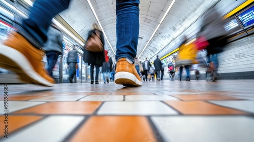 A bustling scene in a subway station with commuters captured in motion blur, showcasing the fast-paced nature of city life and the day-to-day routines of urban living.