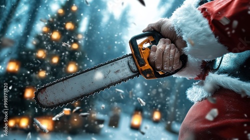 A close-up view of Santa Claus holding a chainsaw in a snowy nighttime setting, with festive decorations in the background, highlighting a humorous and whimsical holiday spirit.