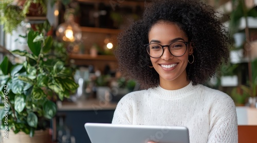 A cheerful woman with glasses and curly hair uses a tablet inside a vibrant cafe. The inviting decor showcases modern, colorful ambiance and warmth.