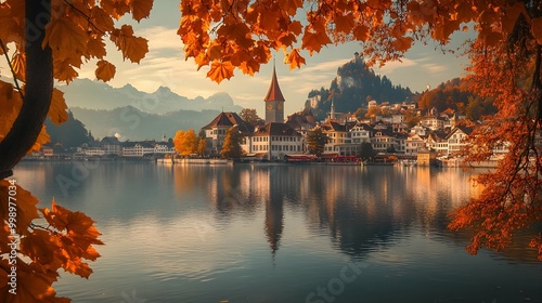 Lucerne Cityscape in Autumn with Reuss River Reflection.