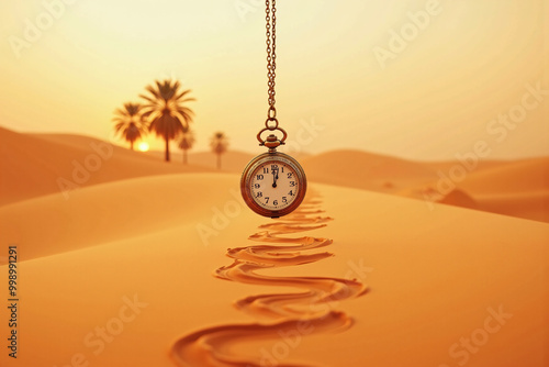 Antique pocket watch with sand flowing out in desert landscape