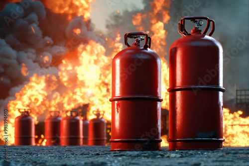 Red steel cylinders with pressure liquefied gas in fire. Flammable and