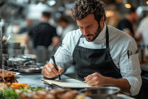 Focused chef wearing a black apron and concentrating on creating a new recipe while making notes in notebook in restaurant kitchen.