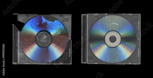 set of two cracked old music CD disc jewel case with compact disk and without cover in black background, y2k style 