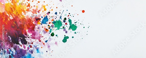 Vibrant abstract watercolor splash with colorful splatters on a white background, perfect for creative design projects and artistic inspiration.