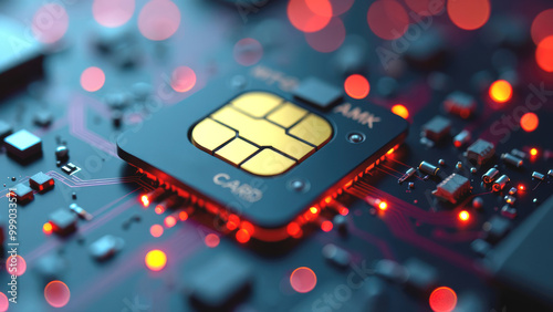 SIM Card and Microchip Close-Up on a High-Tech Circuit Board, Focus on Telecommunications