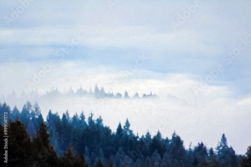 Clouds Hover or Linger Over a Lakeside Conifer Forest (filtered photo) w/ Texture