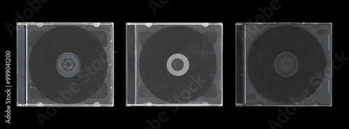 set of three isolated mockup of old music CD disc jewel case with black cover layout on CD for photo and artworks, in black background, y2k style 