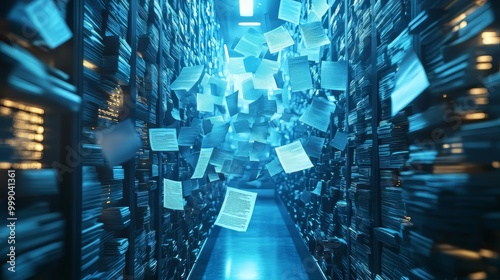 Artificial intelligence in document analysis: showcasing AI's role with machine learning algorithms extracting data from unstructured documents. Analysis data. Ultra realistic. Photorealistic.