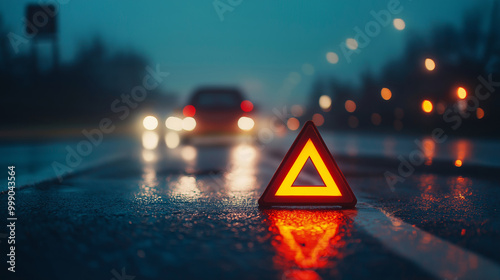 Reflective triangle warning sign on wet road at night, blurred car lights in background, accident safety concept