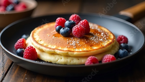 Pancake on a frying pan with blueberries, raspberries 