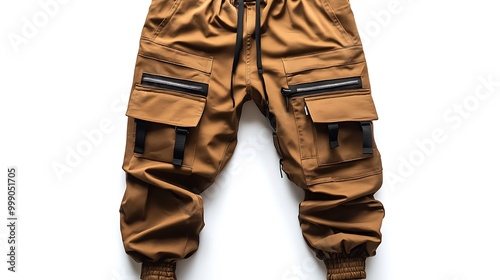 Brown cargo pants with multiple pockets and black accents.