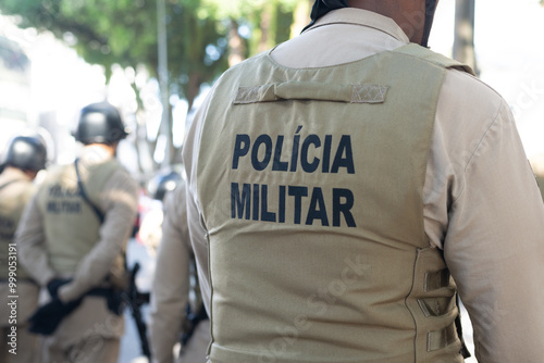 Military police officers are seen standing in formation during the celebration of Brazilian Independence Day in the city of Salvador, Bahia.