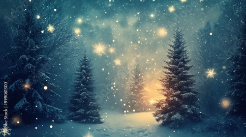 Snow-Covered Pine Trees in a Winter Forest with Falling Snow and Sparkling Lights