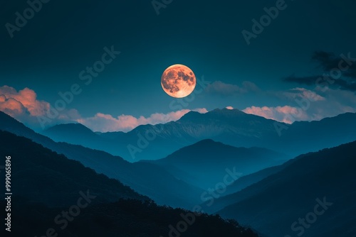 An awe-inspiring image of a full moon rising above a mountain range,