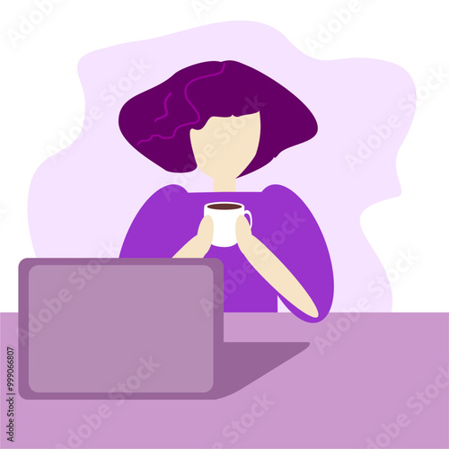 Girl young woman illustration vector with a cup of coffe at the computer 