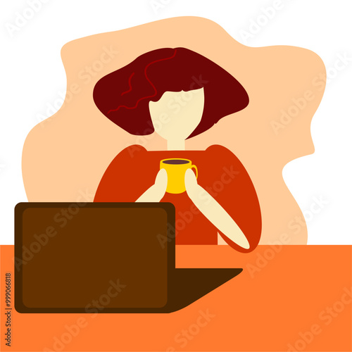 Girl young woman illustration vector with a cup of coffe at the computer 