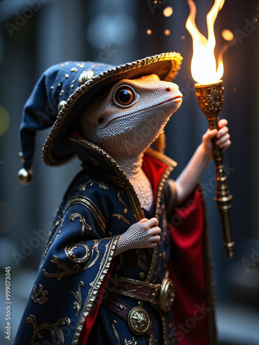 Fantasy Gecco Lizard Wizard Holding a Torch in Magical Robes.