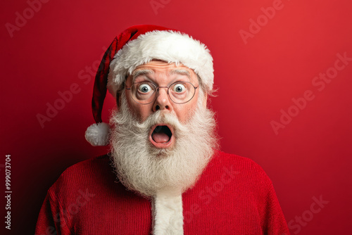 A stunned Santa Claus, looking directly ahead with a shocked expression, his iconic red suit and hat providing a festive contrast to the red backdrop with ample room for copy or holiday greetings.