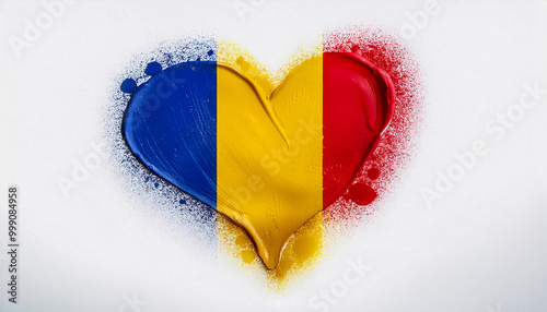 Paint stain in the shape of a heart in the colours of the Romanian flag.