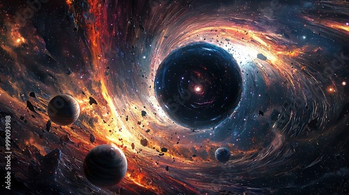 A black hole with bright, swirling rings and planets in the foreground.