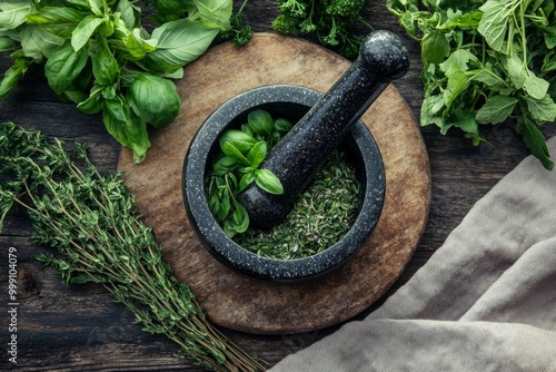 Herbs and spices in mortal and pestle on rustic wooden table with fresh greenery