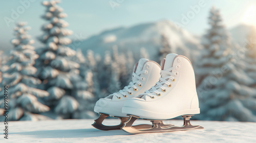 White ice skates are displayed on a snowy ground, surrounded by tall evergreen trees and majestic mountains, illuminated by soft winter sunlight