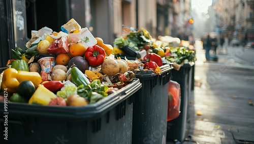 Overflowing trash bins on a city street, filled with discarded food items