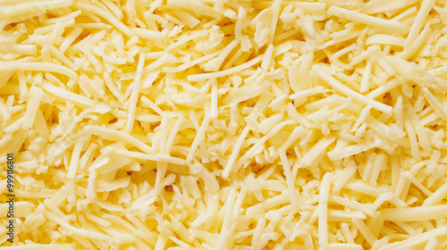 a close-up, top-down view of shredded cheese spread across the entire frame, filling the image with its rich yellow color and fine, delicate texture