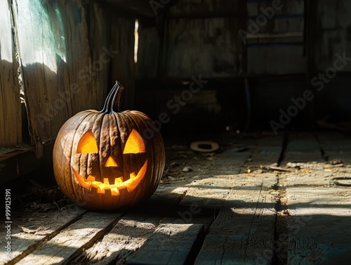 Pumpkin with carved face in a rustic barn illuminated by shadows