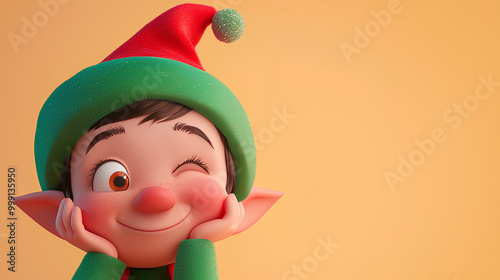 Cartoon elf with a green hat and a red nose is smiling