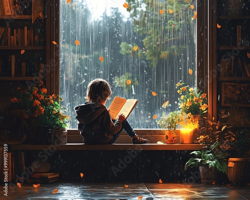 A child sitting in a cozy window seat, reading a book as rain pours outside, creating a calm and peaceful atmosphere with warm tones