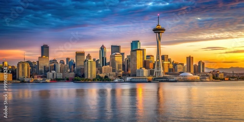 Seattle waterfront skyline and the Puget Sound at sunset, Seattle, waterfront, skyline, Puget Sound, sunset, evening