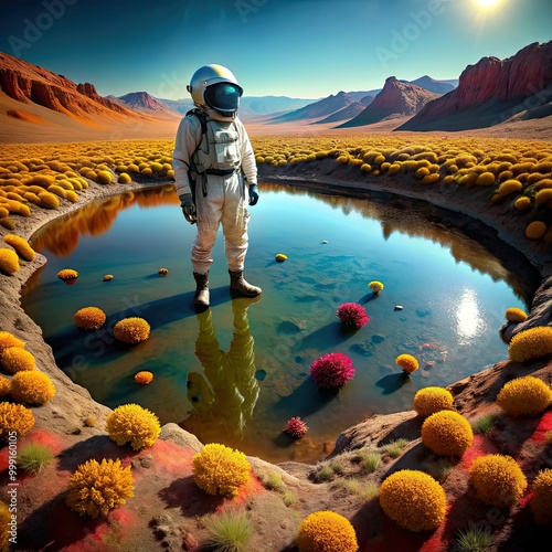 An astronaut in a white spacesuit stands at the edge of a small pool of water in a barren landscape. The water reflects the sky and the astronaut's image