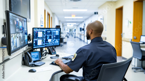 A security guard is focused on monitoring surveillance feeds in hospital corridor, ensuring safety and security. His attentive demeanor reflects importance of vigilance in this environment