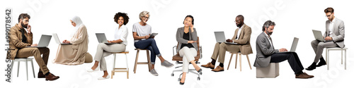 Diverse sitting business people png cut out element set