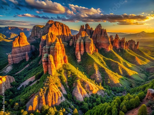 Golden hour light illuminates the rugged peaks of a mountain range casting long shadows and accentuating the vibrant hues of rust-red rock formations and lush green forests.