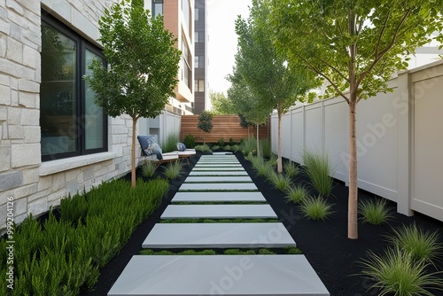 Stylish Urban Garden Pathway Featuring Stones Trees and Modern Design