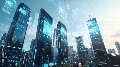 An impressive view of a modern city skyline featuring advanced urban development, with towering skyscrapers adorned with holographic displays that provide real-time information to citizens. 