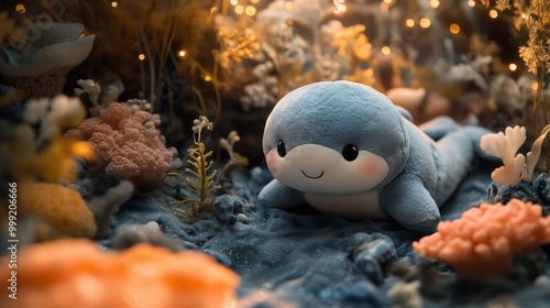 A plush dugong toy nestled on a shimmering ocean floor surrounded by vibrant coral and enchanting seaweed under soft, twinkling lights