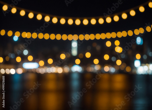 Bright glowing lights of district in megapolis under dusk sky in evening on blurred background