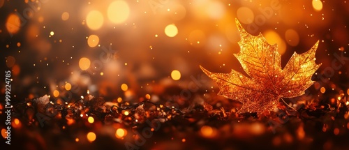 Cozy Thanksgiving maple leaf bokeh lights on warm amber background