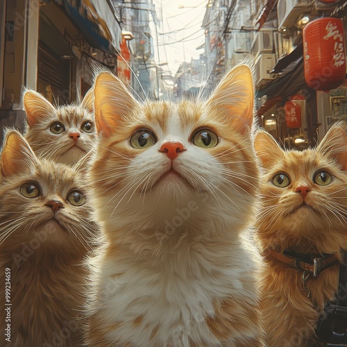 Group of Cats Taking a Selfie on the Street – Photo-Realistic Landscape with Colorful Digital Paintings