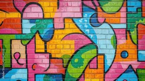 Pop art graffiti on a brick wall, full of bright colors and bold shapes, representing a lively urban street culture