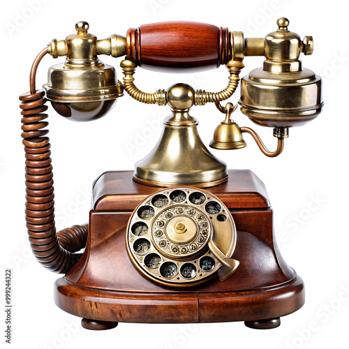 An antique rotary phone features a polished wooden base and brass accents demonstrating vintage craftsmanship against a clean white backdrop