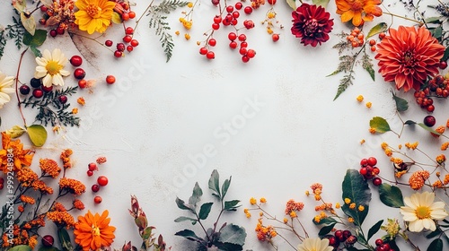 Bold portrait photo of autumn composition made of beautiful flowers and berries on light backdrop. floristic decoration frame. natural floral background. space in the middle. flat lay.