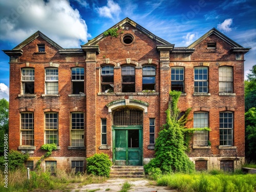 A rundown, crumbling brick school building with broken windows, rusty gates, and overgrown surroundings, conveying a sense of neglect and abandoned education.